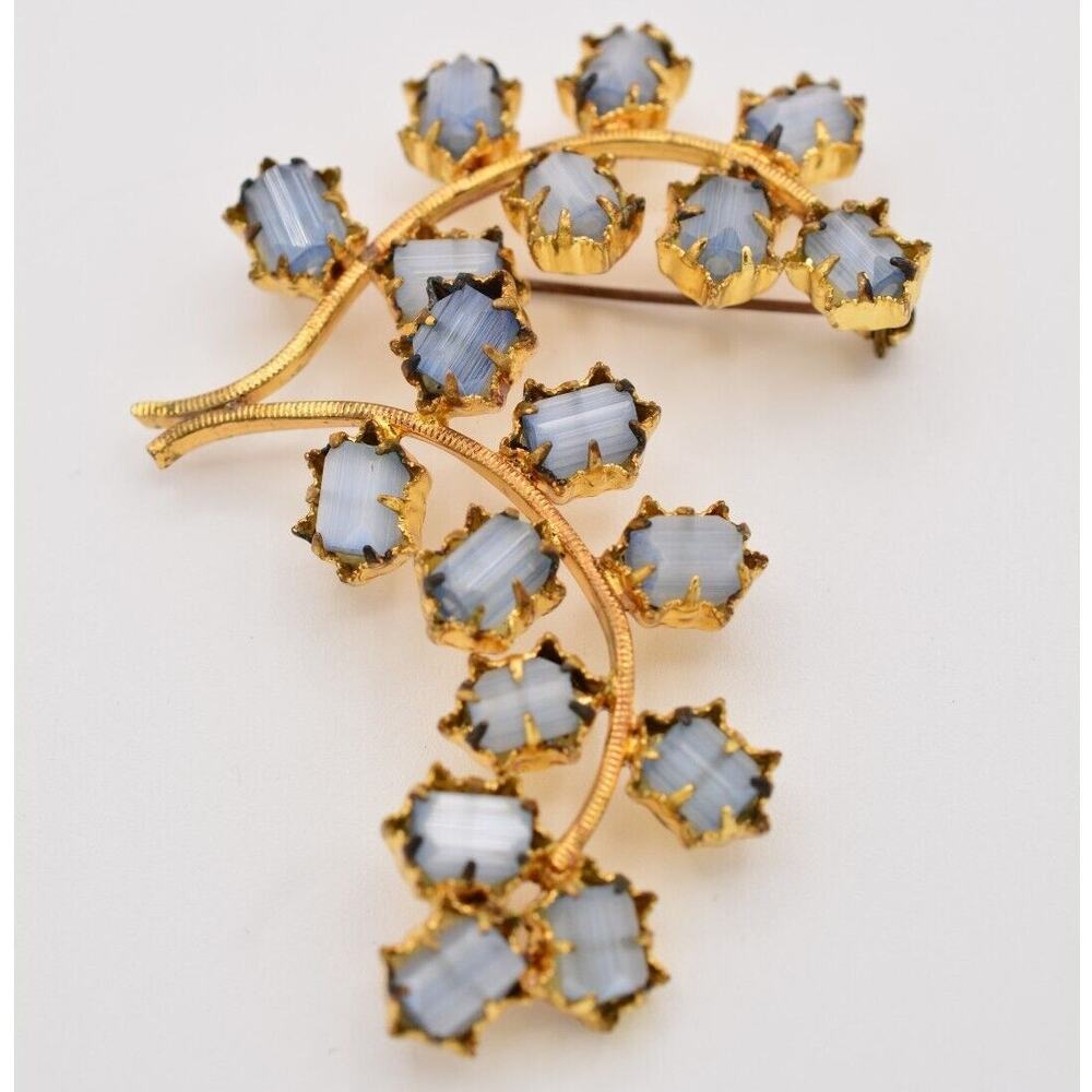 Vintage Floral Branch Pin Brooch Gray Prong Faceted Glass Gold Tone 1970s Bin1